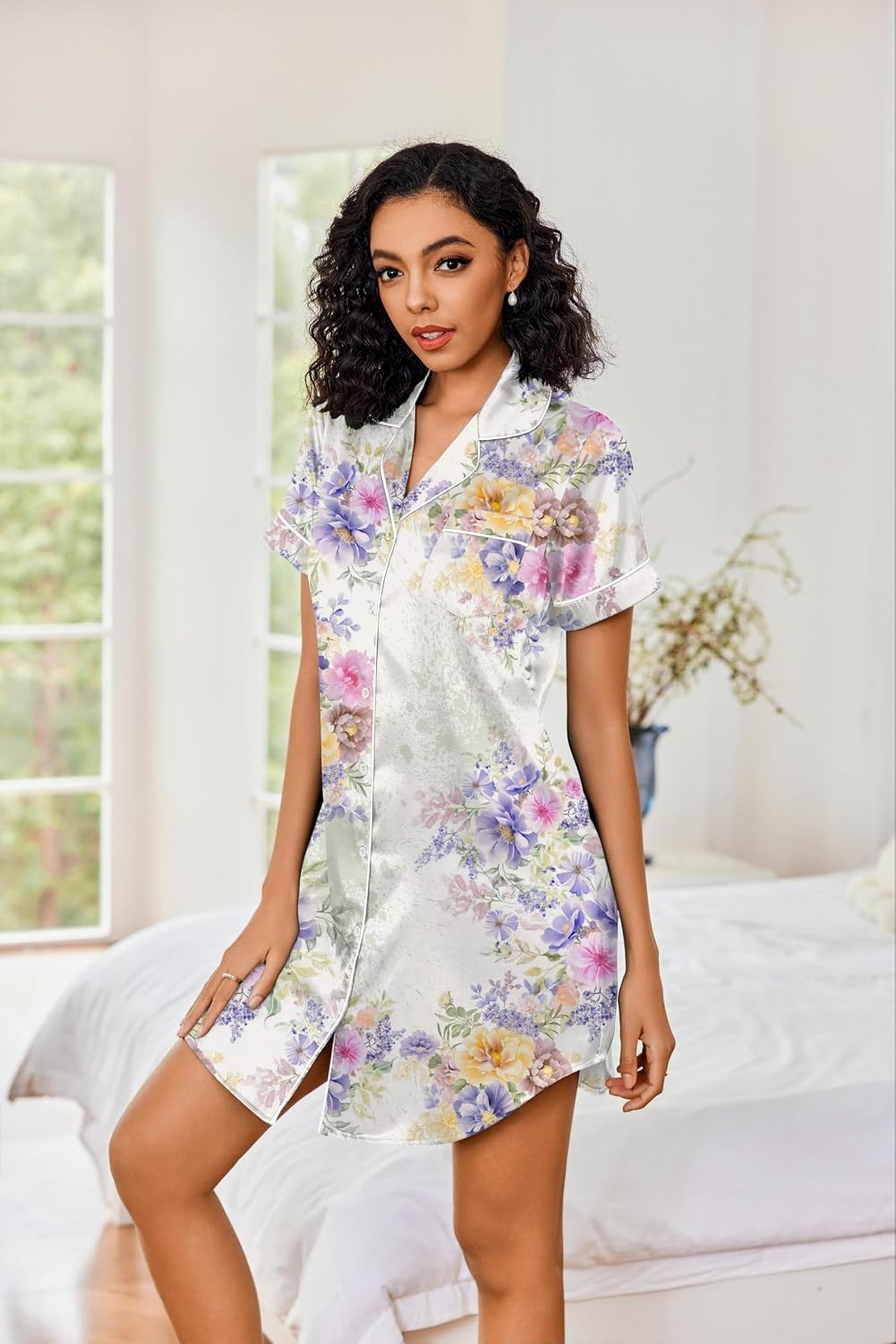 image:imageEkouaer Womens Satin Nightshirt Button Down Sleepshirt Silk Short Sleeve Nightgown Boyfriend Notch Collar SleepwearPurple Floral