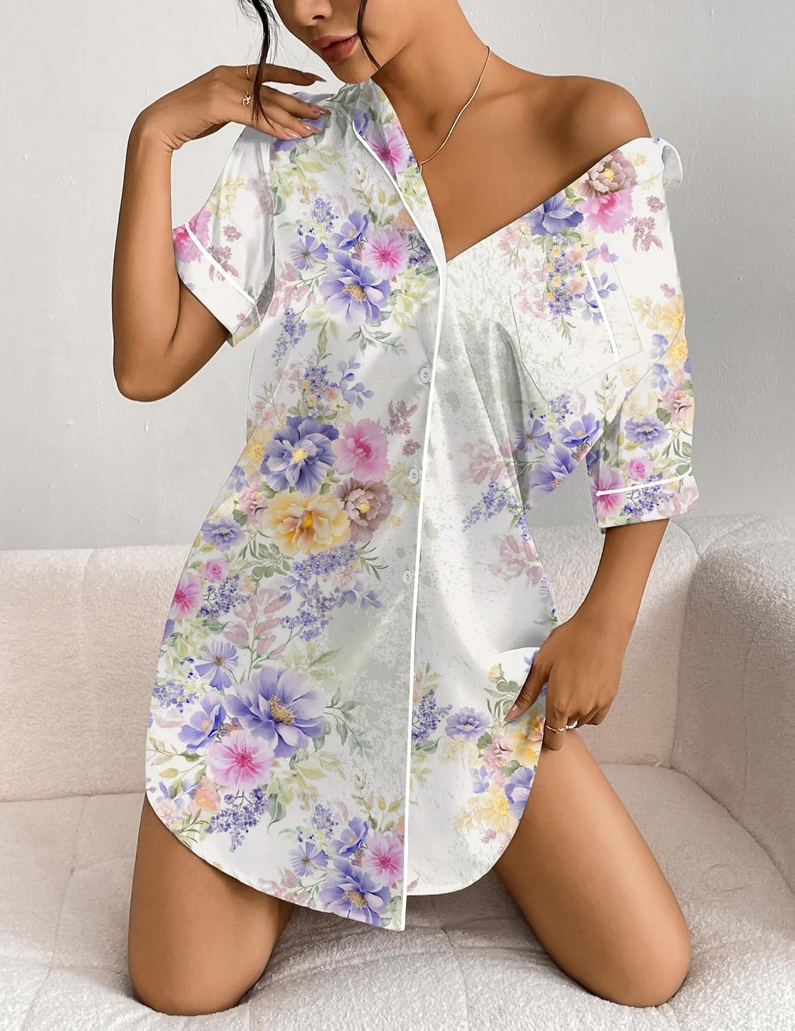 image:imageEkouaer Womens Satin Nightshirt Button Down Sleepshirt Silk Short Sleeve Nightgown Boyfriend Notch Collar SleepwearPurple Floral