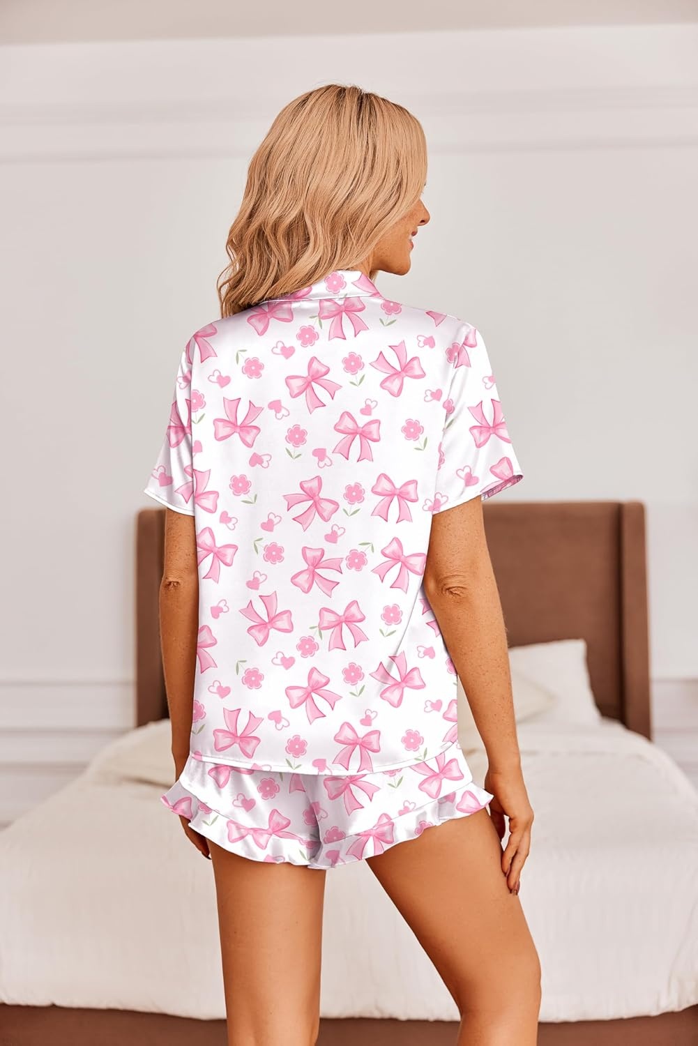 image:imageEkouaer Womens Satin Pajamas Set Button Down 2 Piece Silk Pjs Shorts Set Ruffle Lingerie Notch Collar SleepwearPink Bow
