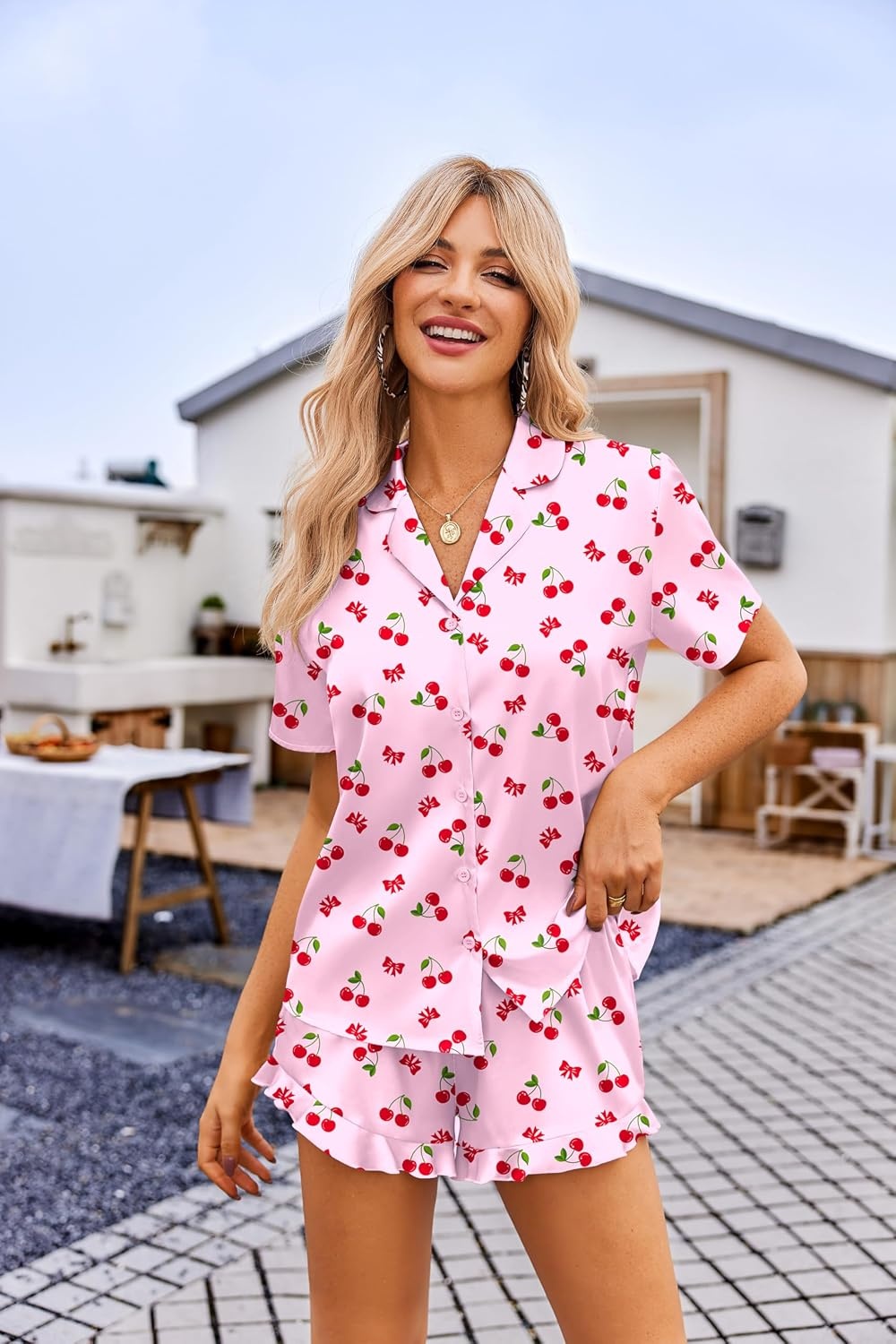 image:imageEkouaer Womens Satin Pajamas Set Button Down 2 Piece Silk Pjs Shorts Set Ruffle Lingerie Notch Collar SleepwearPink Cherry