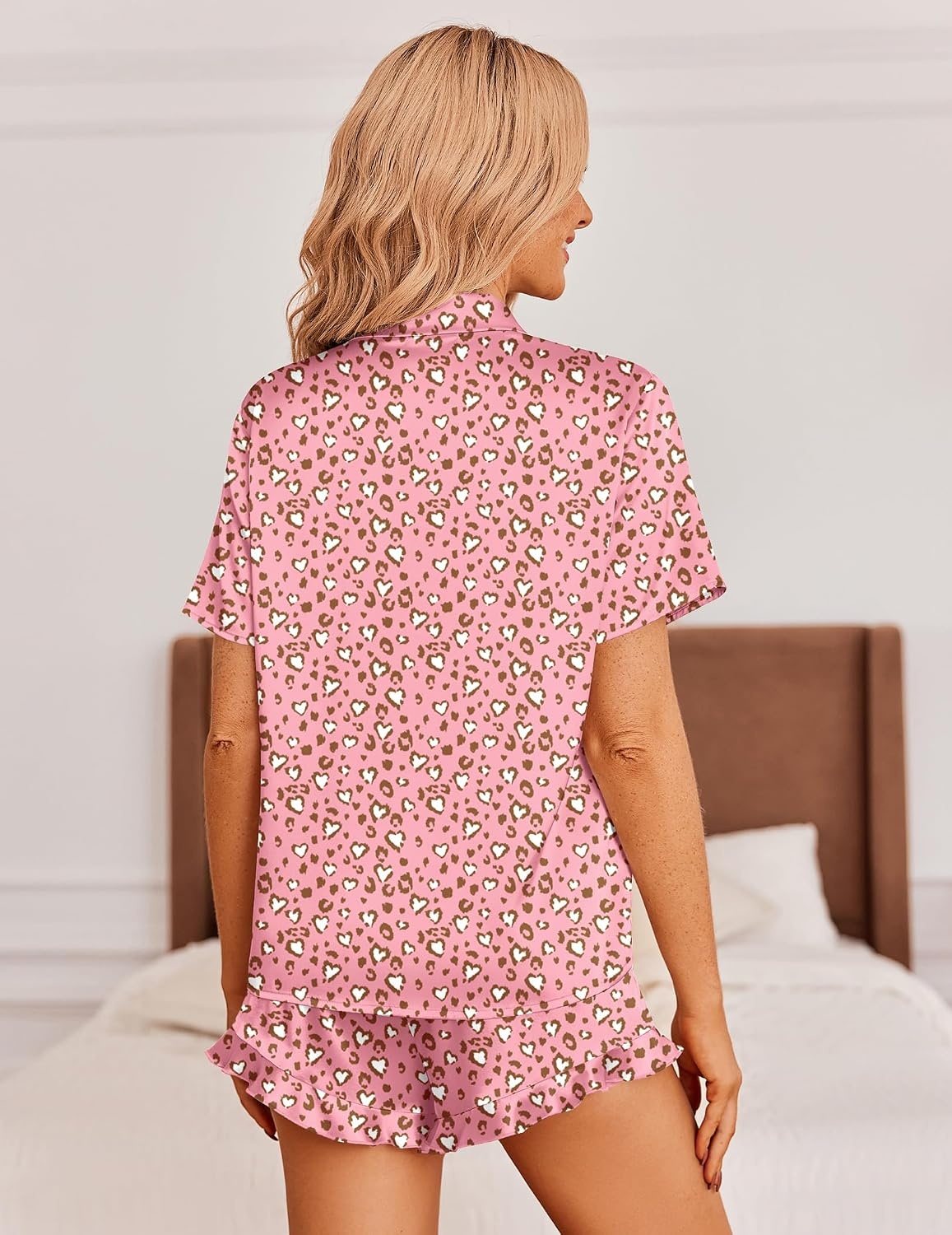 image:imageEkouaer Womens Satin Pajamas Set Button Down 2 Piece Silk Pjs Shorts Set Ruffle Lingerie Notch Collar SleepwearPink Leopard Love
