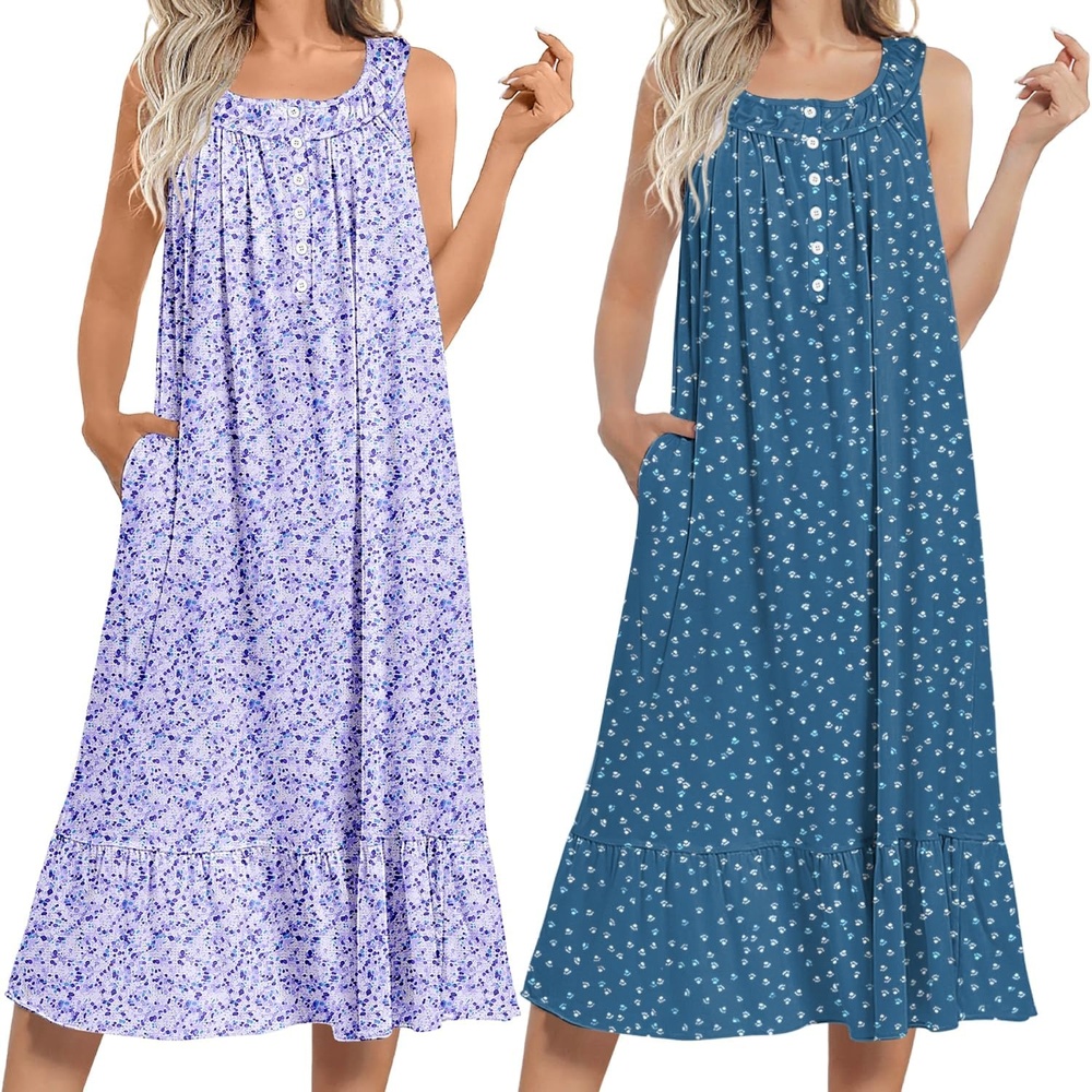 image:imageEkouaer 2 Pack Nightgowns for Women Sleeveless Long Night Gowns Victorian Nightdress with Pockets Soft Ladies GownFloral PurpleDog Footprints