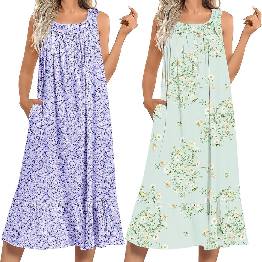 image:imageEkouaer 2 Pack Nightgowns for Women Sleeveless Long Night Gowns Victorian Nightdress with Pockets Soft Ladies GownFloral PurpleFloral Green