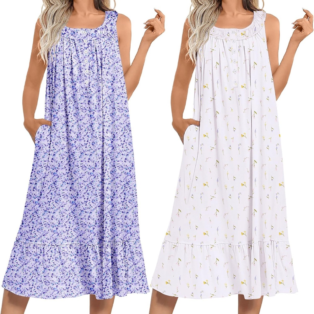 image:imageEkouaer 2 Pack Nightgowns for Women Sleeveless Long Night Gowns Victorian Nightdress with Pockets Soft Ladies GownFloral PurpleFloral White