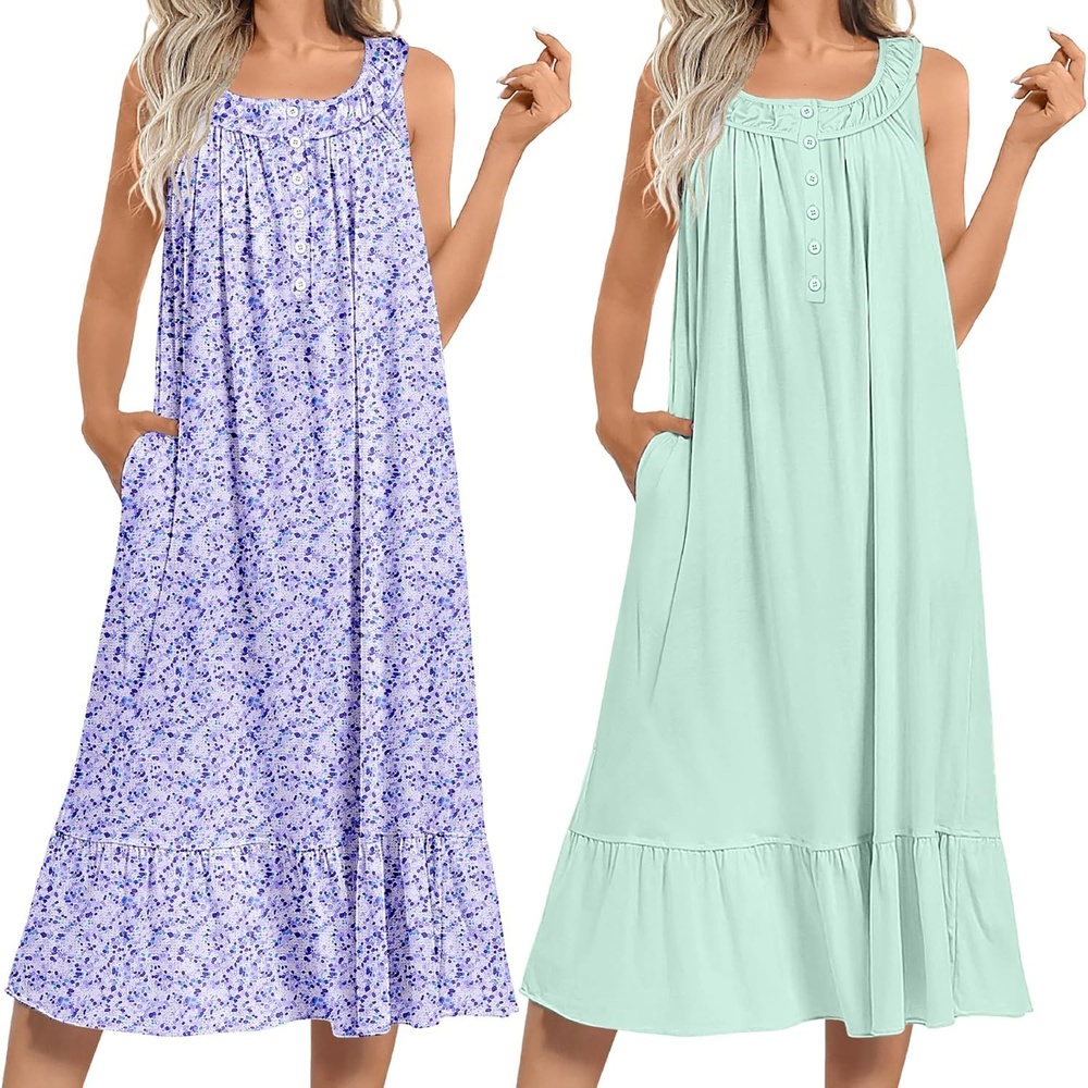 image:imageEkouaer 2 Pack Nightgowns for Women Sleeveless Long Night Gowns Victorian Nightdress with Pockets Soft Ladies GownFloral PurpleLight Green
