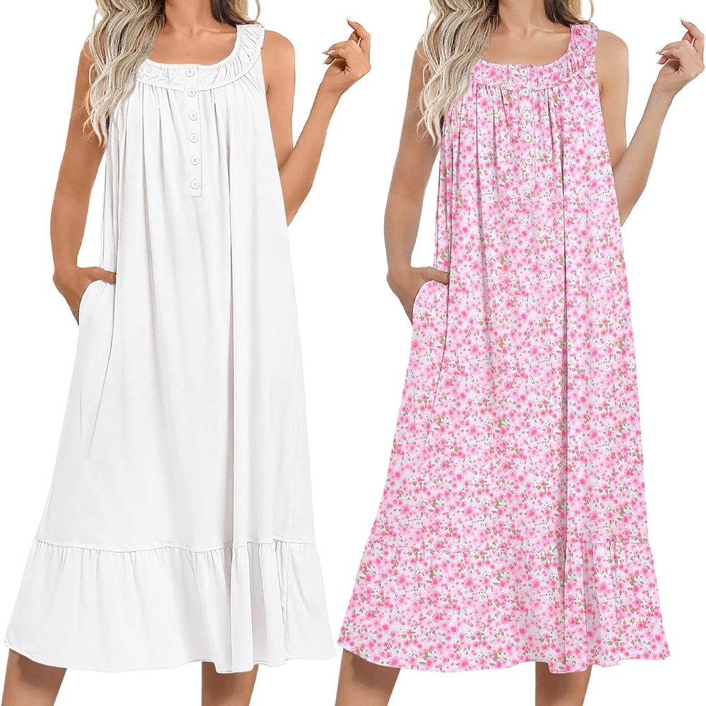image:imageEkouaer 2 Pack Nightgowns for Women Sleeveless Long Night Gowns Victorian Nightdress with Pockets Soft Ladies GownWhiteFloral Pink