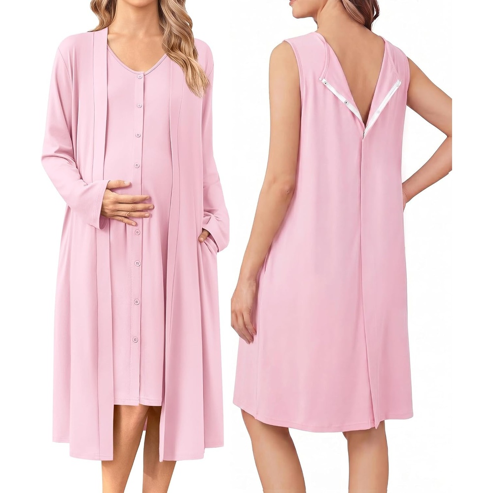image:imageEkouaer Labor and Delivery Gown and Robe Set for Hospital Nursing Nightgown Open Back Maternity Nursing Dress Breastfeeding Postpartum ClothesPink