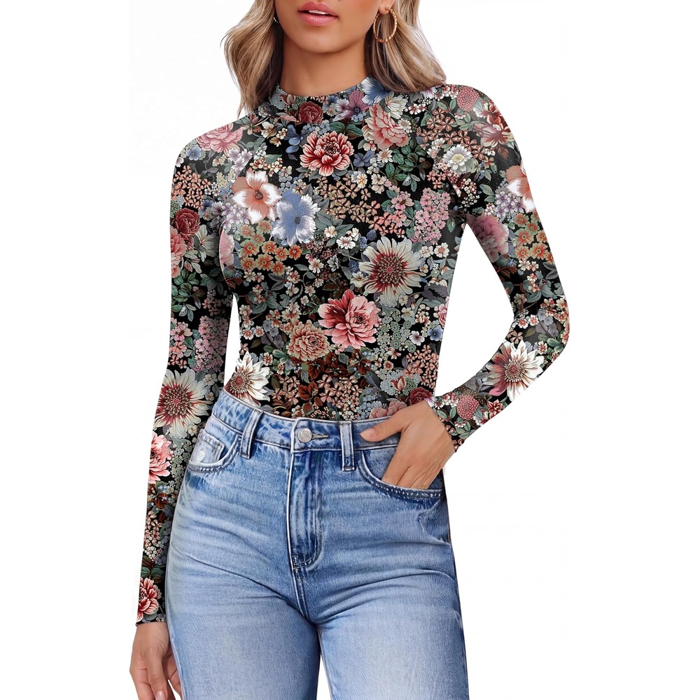 image:imageEkouaer Lace Long Sleeve Tops for Women Mock Turtleneck Mesh Shirts Sexy See Through Mesh Undershirts Fashion Going Out TeesFlroal Printed
