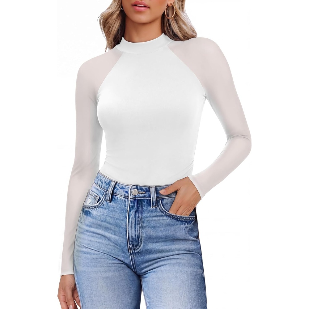 image:imageEkouaer Lace Long Sleeve Tops for Women Mock Turtleneck Mesh Shirts Sexy See Through Mesh Undershirts Fashion Going Out TeesWhtie