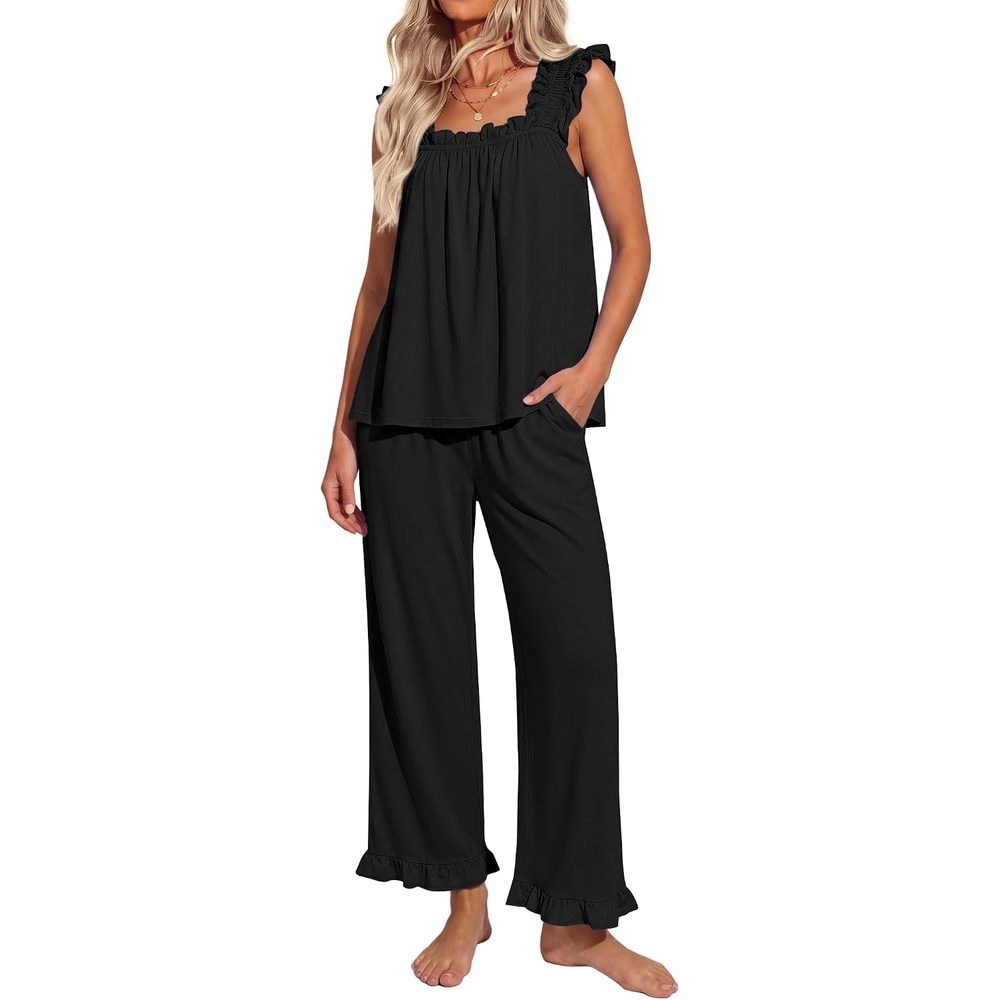 image:imageEkouaer Pajamas for Women Set 2 Piece Ruffle Pjs Soft Sleeveless Tank Top and Pants Sleepwear Bridal Casual LoungewearBlack