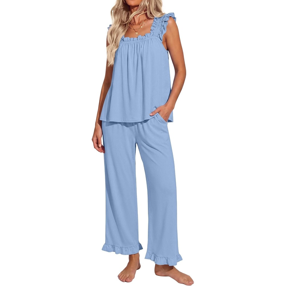 image:imageEkouaer Pajamas for Women Set 2 Piece Ruffle Pjs Soft Sleeveless Tank Top and Pants Sleepwear Bridal Casual LoungewearBlue