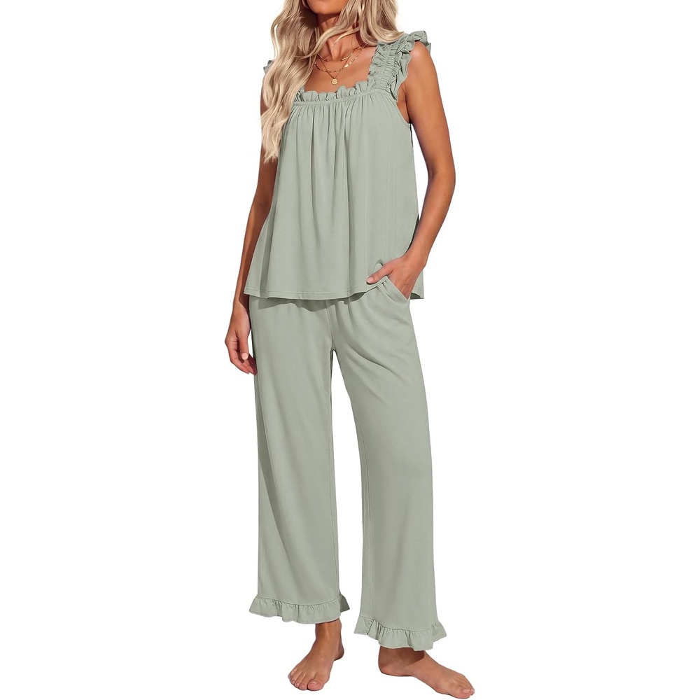 image:imageEkouaer Pajamas for Women Set 2 Piece Ruffle Pjs Soft Sleeveless Tank Top and Pants Sleepwear Bridal Casual LoungewearGreen