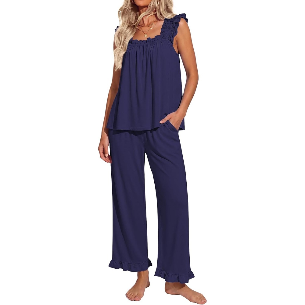 image:imageEkouaer Pajamas for Women Set 2 Piece Ruffle Pjs Soft Sleeveless Tank Top and Pants Sleepwear Bridal Casual LoungewearNavy Blue