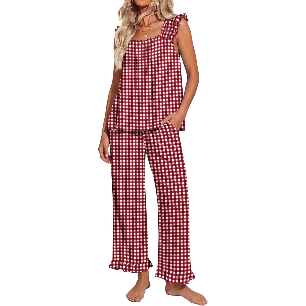 image:imageEkouaer Pajamas for Women Set 2 Piece Ruffle Pjs Soft Sleeveless Tank Top and Pants Sleepwear Bridal Casual LoungewearRed Plaid