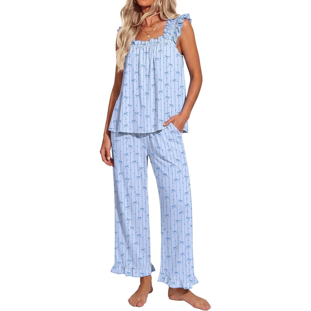 image:imageEkouaer Pajamas for Women Set 2 Piece Ruffle Pjs Soft Sleeveless Tank Top and Pants Sleepwear Bridal Casual LoungewearStripes BowBlue