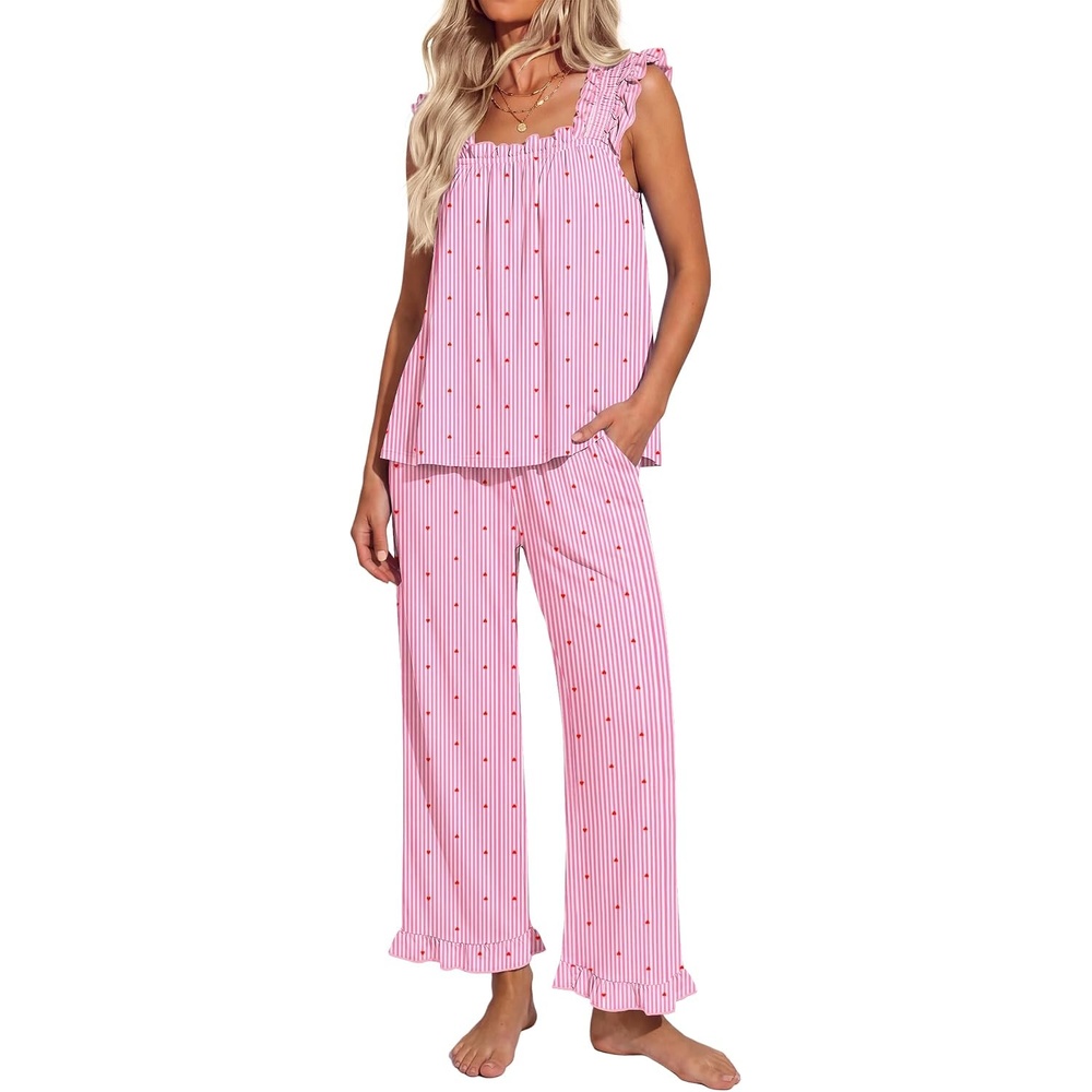 image:imageEkouaer Pajamas for Women Set 2 Piece Ruffle Pjs Soft Sleeveless Tank Top and Pants Sleepwear Bridal Casual LoungewearStripesHeartsPink
