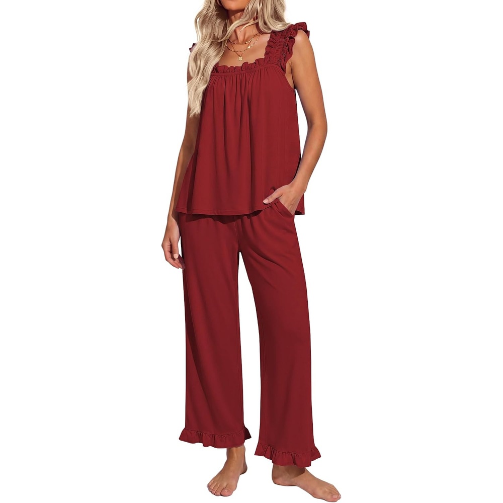 image:imageEkouaer Pajamas for Women Set 2 Piece Ruffle Pjs Soft Sleeveless Tank Top and Pants Sleepwear Bridal Casual LoungewearWine Red