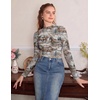 Ekouaer Lace Long Sleeve Tops for Women Mock Turtleneck Mesh Shirts Sexy See Through Mesh Undershirts Fashion Going Out Tees(White Printed)