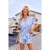 Ekouaer Womens Satin Pajamas Set Button Down 2 Piece Silk Pjs Shorts Set Ruffle Lingerie Notch Collar Sleepwear(Blue Cherry)
