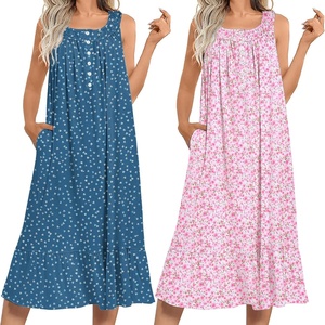 Ekouaer 2 Pack Nightgowns for Women Sleeveless Long Night Gowns Victorian Nightdress with Pockets Soft Ladies Gown(Dog Footprints/Floral Pink)