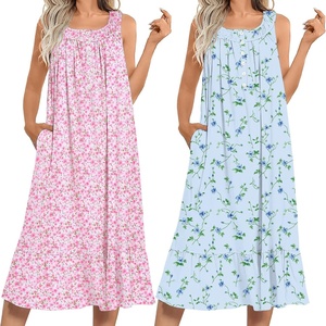 Ekouaer 2 Pack Nightgowns for Women Sleeveless Long Night Gowns Victorian Nightdress with Pockets Soft Ladies Gown(Floral Pink/Floral Blue)