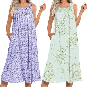 Ekouaer 2 Pack Nightgowns for Women Sleeveless Long Night Gowns Victorian Nightdress with Pockets Soft Ladies Gown(Floral Purple/Floral Green)