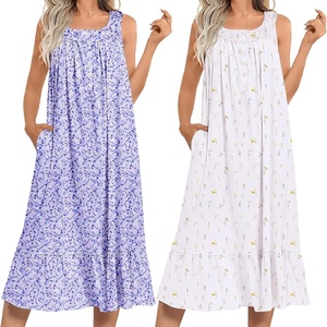 Ekouaer 2 Pack Nightgowns for Women Sleeveless Long Night Gowns Victorian Nightdress with Pockets Soft Ladies Gown(Floral Purple/Floral White)