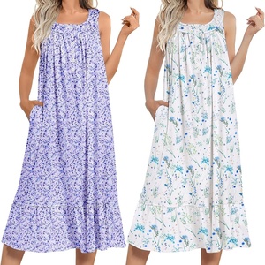 Ekouaer 2 Pack Nightgowns for Women Sleeveless Long Night Gowns Victorian Nightdress with Pockets Soft Ladies Gown(Floral Purple/Leaf Blue)