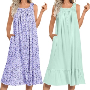 Ekouaer 2 Pack Nightgowns for Women Sleeveless Long Night Gowns Victorian Nightdress with Pockets Soft Ladies Gown(Floral Purple/Light Green)