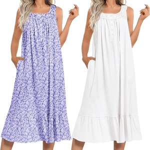 Ekouaer 2 Pack Nightgowns for Women Sleeveless Long Night Gowns Victorian Nightdress with Pockets Soft Ladies Gown(Floral Purple/White)