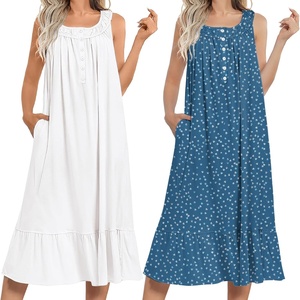 Ekouaer 2 Pack Nightgowns for Women Sleeveless Long Night Gowns Victorian Nightdress with Pockets Soft Ladies Gown(White/Dog Footprints)