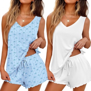 Ekouaer 2 Pack Pajamas for Women Set Tank Top and Shorts Pjs Soft Sleeveless Sleepwear Summer Loungewear,S-XXL(Blue Bow /Milky White)