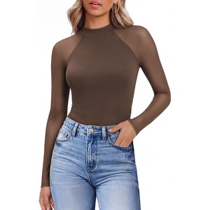 Ekouaer Lace Long Sleeve Tops for Women Mock Turtleneck Mesh Shirts Sexy See Through Mesh Undershirts Fashion Going Out Tees(Brown)
