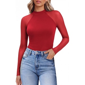 Ekouaer Lace Long Sleeve Tops for Women Mock Turtleneck Mesh Shirts Sexy See Through Mesh Undershirts Fashion Going Out Tees(Red)