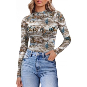 Ekouaer Lace Long Sleeve Tops for Women Mock Turtleneck Mesh Shirts Sexy See Through Mesh Undershirts Fashion Going Out Tees(White Printed)