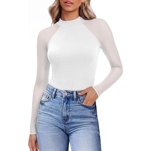 Ekouaer Lace Long Sleeve Tops for Women Mock Turtleneck Mesh Shirts Sexy See Through Mesh Undershirts Fashion Going Out Tees(Whtie)