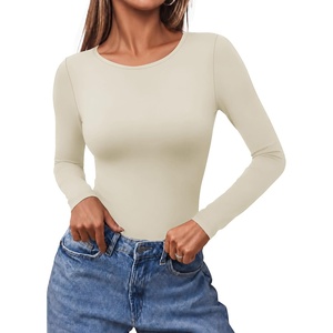 Ekouaer Long Sleeve Shirts for Women Scoop Neck Tight Slim Basic Fitted Top(Beige)