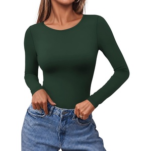 Ekouaer Long Sleeve Shirts for Women Scoop Neck Tight Slim Basic Fitted Top(Green)