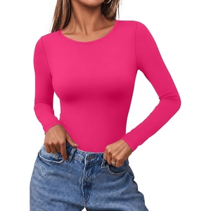 Ekouaer Long Sleeve Shirts for Women Scoop Neck Tight Slim Basic Fitted Top(Hot Pink)
