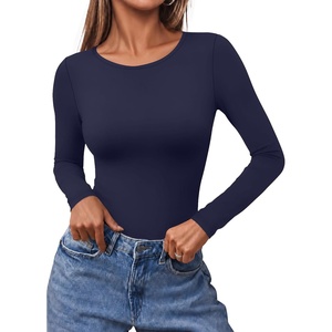 Ekouaer Long Sleeve Shirts for Women Scoop Neck Tight Slim Basic Fitted Top(Navy Blue)