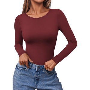 Ekouaer Long Sleeve Shirts for Women Scoop Neck Tight Slim Basic Fitted Top(Red)
