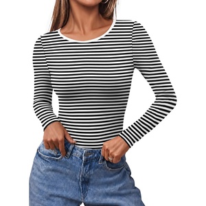 Ekouaer Long Sleeve Shirts for Women Scoop Neck Tight Slim Basic Fitted Top(Stripe Print)