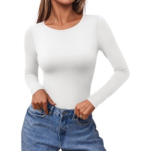 Ekouaer Long Sleeve Shirts for Women Scoop Neck Tight Slim Basic Fitted Top(White)