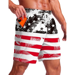 Ekouaer Mens Swim Trunks 7 Inch Quick Dry Breathable Board Shorts Beach Bathing Suit Lightweight Swimsuit Swimwear(American Flag(leaf Black Red))