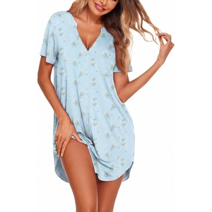 Ekouaer Women V Neck Button Down Nightgown(Light Blue Floral)