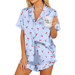 Ekouaer Womens Satin Pajamas Set Button Down 2 Piece Silk Pjs Shorts Set Ruffle Lingerie Notch Collar Sleepwear(Blue Cherry)