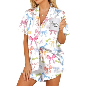 Ekouaer Womens Satin Pajamas Set Button Down 2 Piece Silk Pjs Shorts Set Ruffle Lingerie Notch Collar Sleepwear(Colorful Bow)