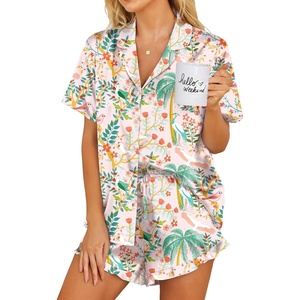 Ekouaer Womens Satin Pajamas Set Button Down 2 Piece Silk Pjs Shorts Set Ruffle Lingerie Notch Collar Sleepwear(Pink Beach)