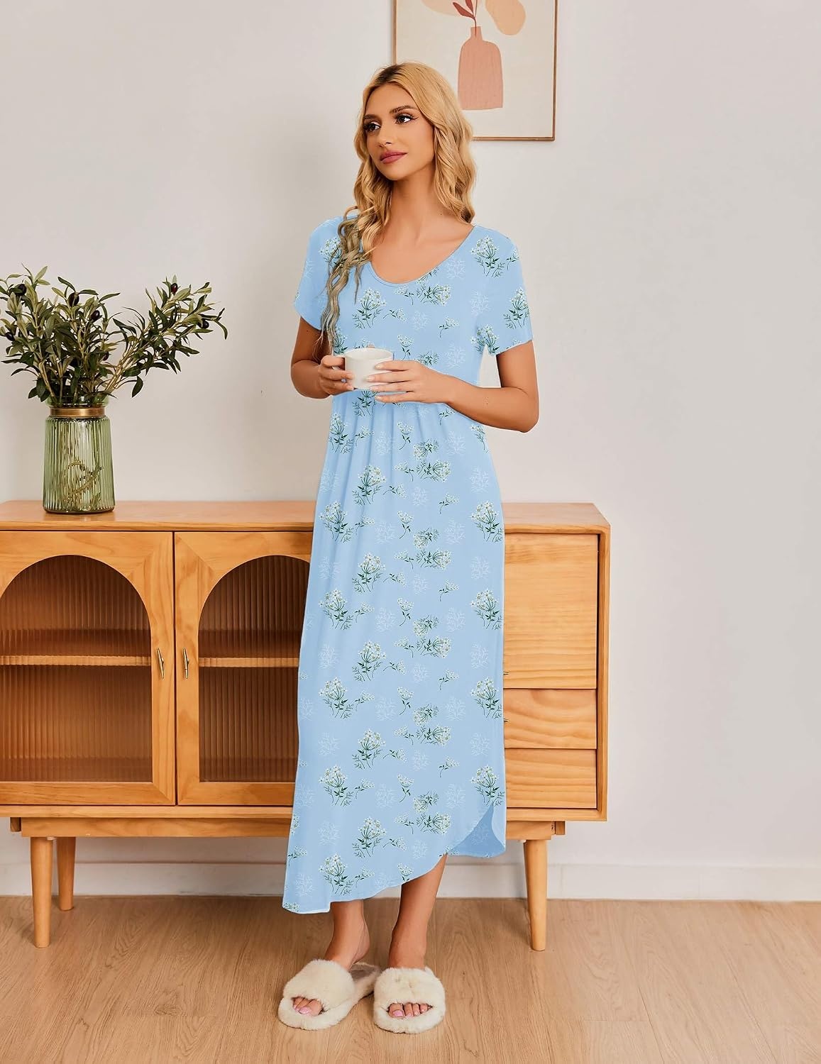image:imageEkouaer Long Nightgowns for Women Plus Size House Dress Short Sleeve Night Gown Pleated Full Length Loungwear S4XLLight Blue Floral