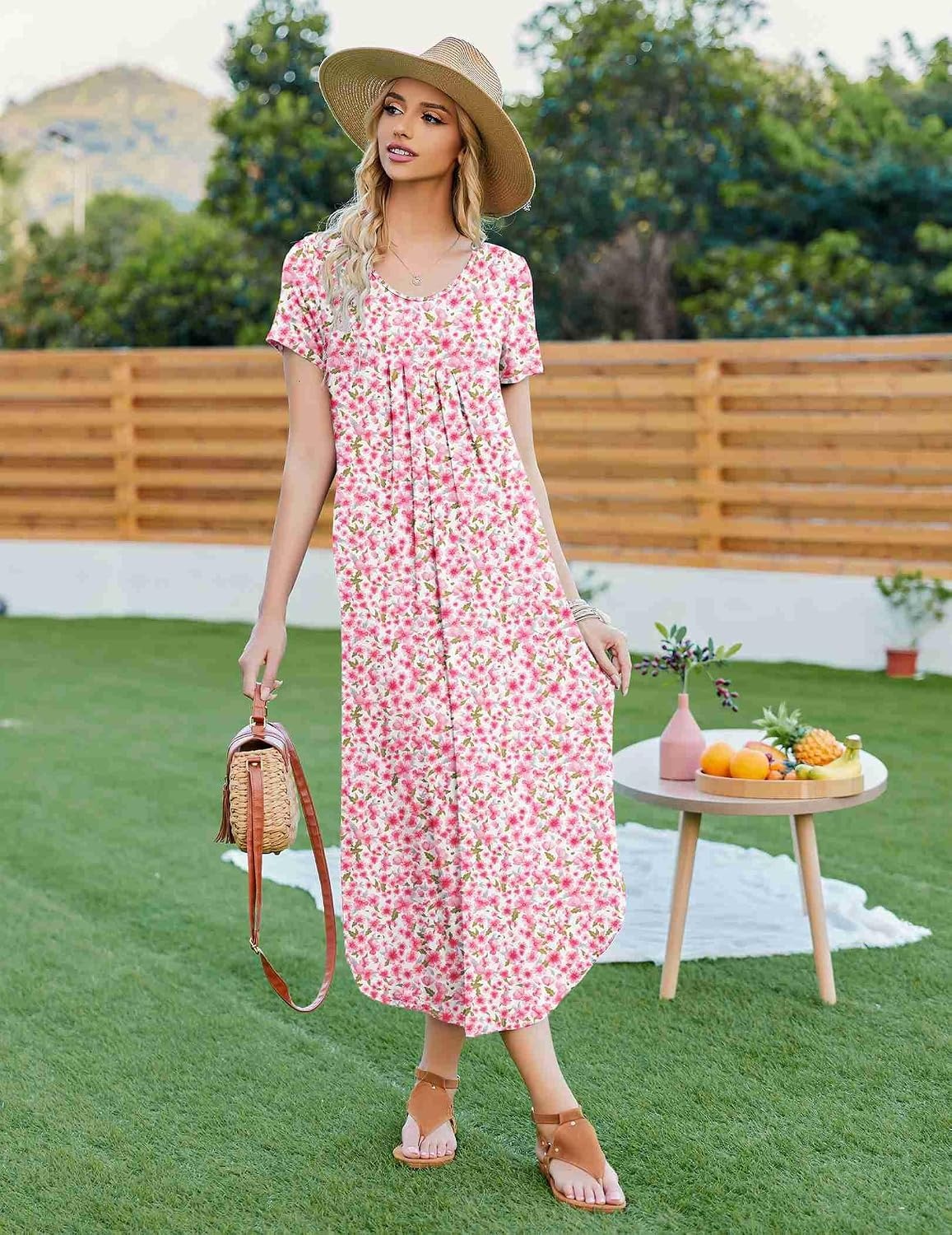image:imageEkouaer Long Nightgowns for Women Plus Size House Dress Short Sleeve Night Gown Pleated Full Length Loungwear S4XLPink Flower
